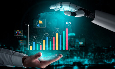 Poster - AI artificial intelligence powers business growth with predictive planning tools, innovation roadmaps, and smart virtual assistants to guide success by 2025. Vouch