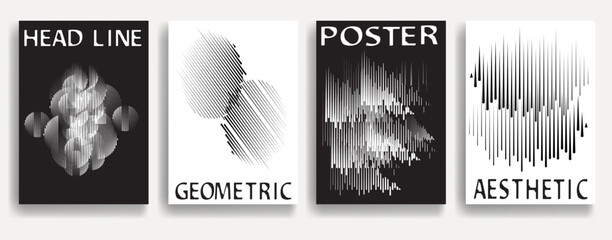 Poster - Modern posters with speed lines. Vector design composition with various geometric shapes . Abstract contemporary art . Vector art ideal for media, ads, covers, brochures, banners. Black and white.