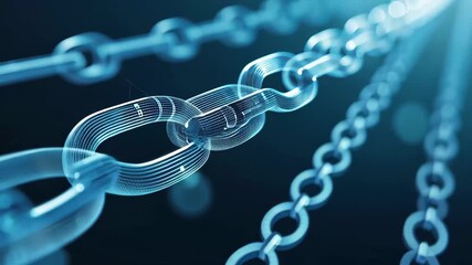 Poster - High quality stock clip showcases futuristic digital chain links with glowing effects against a dark background, symbolizing technology and connections