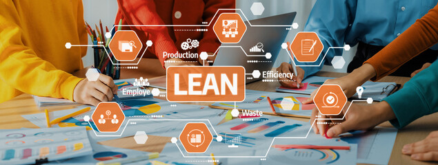 Poster - A vibrant and collaborative workspace highlighting lean methodology principles. Focuses on efficiency, waste reduction, and employee engagement through colorful design elements. Amity