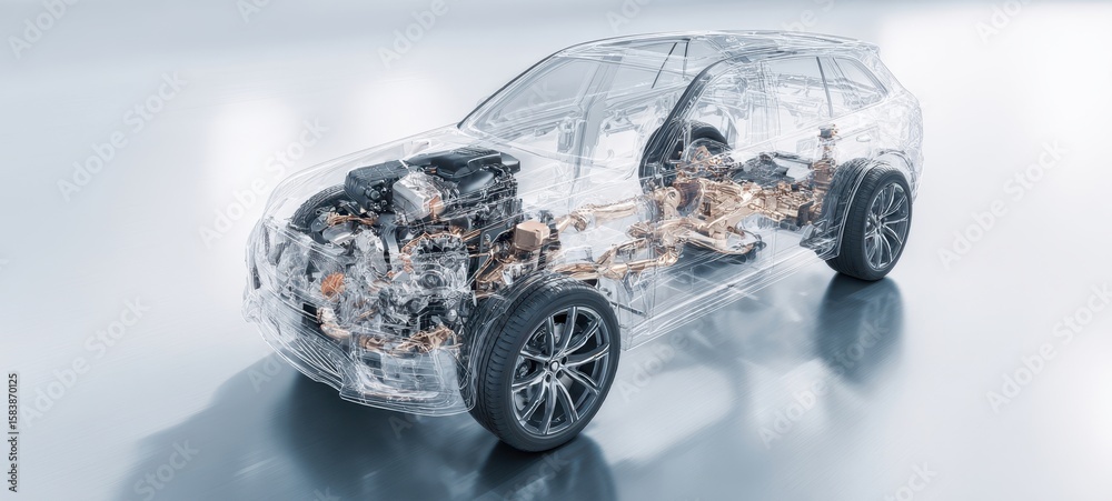Translucent Automotive Front Module The transparent car showcasing intricate mechanical and engineering ...