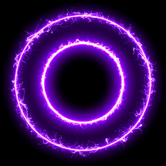 Wall Mural - abstract purple lightning circle on black backdrop. magic round shape.