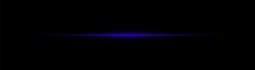 Wall Mural - thin blue laser beam across dark background with glowing center. minimalistic horizontal light effec