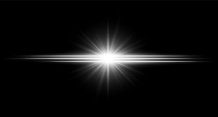 Wall Mural - white flare. bright horizontal glow with radial light beams, high contrast center burst on dark back