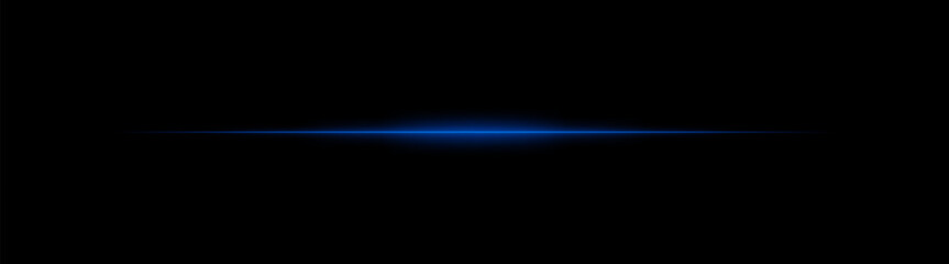 Wall Mural - thin blue laser beam across dark background with glowing center. minimalistic horizontal light effec