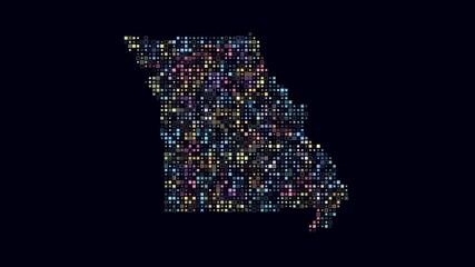 Poster - Missouri dotted animation. Shape of the state build of pulsating colored dots. Small size square blocks. Digital style map on dark background. Creative video.