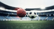 © AngelNicolas - Composite image of a basketball and a soccer ball versus each other over a stadium field