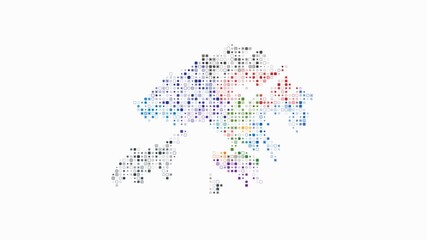 Poster - Hong Kong dotted animation. Shape of the country build of pulsating colored dots. Small size rounded square blocks. Digital style map on white background. Modern video.