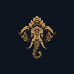  Ornate elephant head design, detailed floral patterns, golden tones on dark background