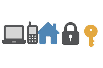 Fototapete - Vector linear set featuring cyber lock, unlock, password, guard, shield, home security system, eye access, electronic check, firewall, internet protection, and laptop password icons