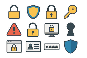 Fototapete - Vector illustration of thin line icons representing safety, security, and protection, featuring editable strokes, suitable for various design applications including website marketing, logos, apps