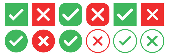 Poster - Green checkmark and red cross on isolated white background vector symbol for right and wrong choices. Modern flat design, Checkmark icon set. 