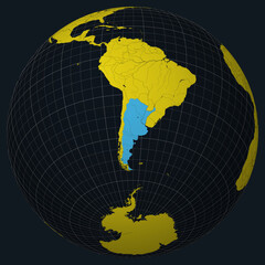 Poster - Argentina on Globe. Country view on the world map in Charcoal Bright Yellow color palette. Argentina shape on map. Globe with meridians, parallels, countries, rivers and lakes.