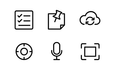 Aufkleber - Minimalist black icons: checklist, notes, cloud sync, lifebuoy, microphone, focus