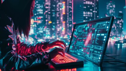 Poster - A person is typing on a computer keyboard with a red glow. Concept of urgency and focus as the person works on their computer. The bright red glow of the keyboard adds to the intensity of the scene