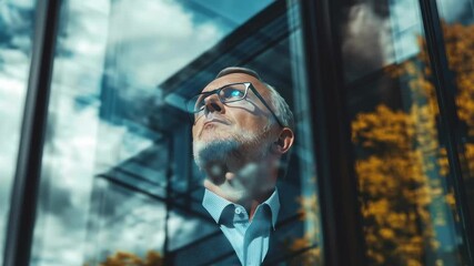 Poster - A man in a suit is looking out a window. The man is wearing glasses and he is looking at something outside. The window is large and clear, allowing the man to see the outside world
