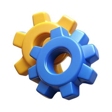 Two interlocking 3d rendered gears one blue and one yellow against a black background