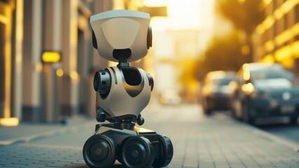 Aufkleber - A robot is holding a box and walking down the street. The robot is white and blue