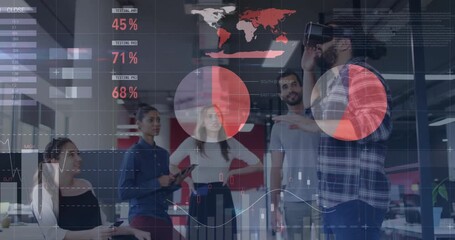 Poster - Presenter adjusting vr headset in office, activating charts and graphs for team business insight