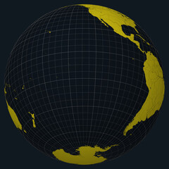 Poster - Pitcairn Islands on Globe. Country view on the world map in Charcoal Bright Yellow color palette. Pitcairn Islands shape on map. Globe with meridians, parallels, countries, rivers and lakes.