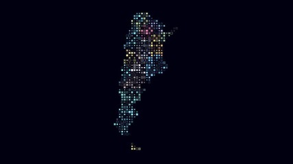 Poster - Argentina dotted animation. Shape of the country build of pulsating colored dots. Small size square blocks. Digital style map on dark background. Trending video.
