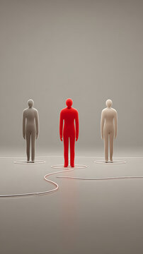 Three abstract figures standing in circles with a red figure in the center people grey