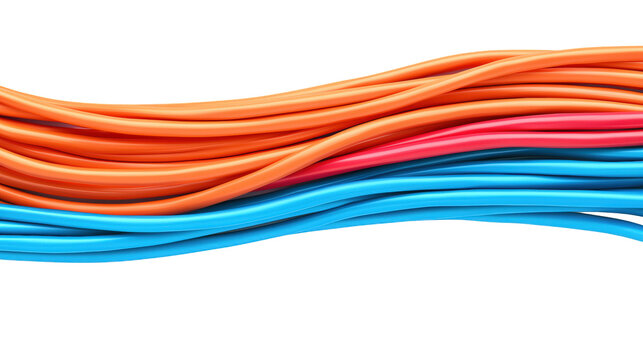 Vibrant, flowing orange and blue curved lines create a dynamic wave pattern with smooth, shiny textures.