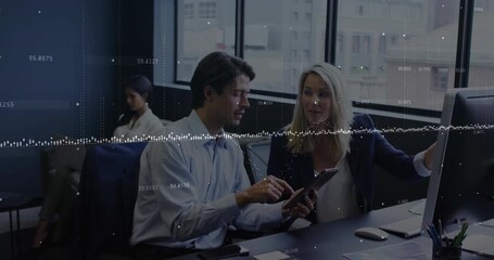 Poster - Business colleagues tapping tablet and pointing at monitor, generating animated charts for analysis