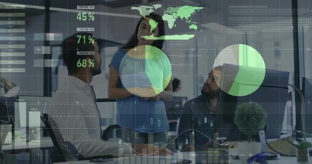 Poster - Two men watching woman tapping smartphone and causing animated charts emerging for data analysis
