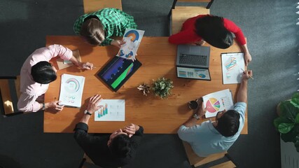 Poster - Time lapse of diverse business people working together to analyze chart. Top down aerial view of creative team looking at stock market report and discussing about financial investment. Convocation.