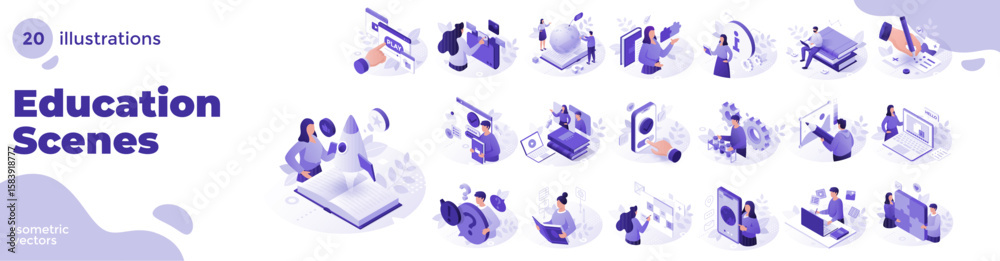 Big set of isometric education scenes vector illustration. E-learning ...