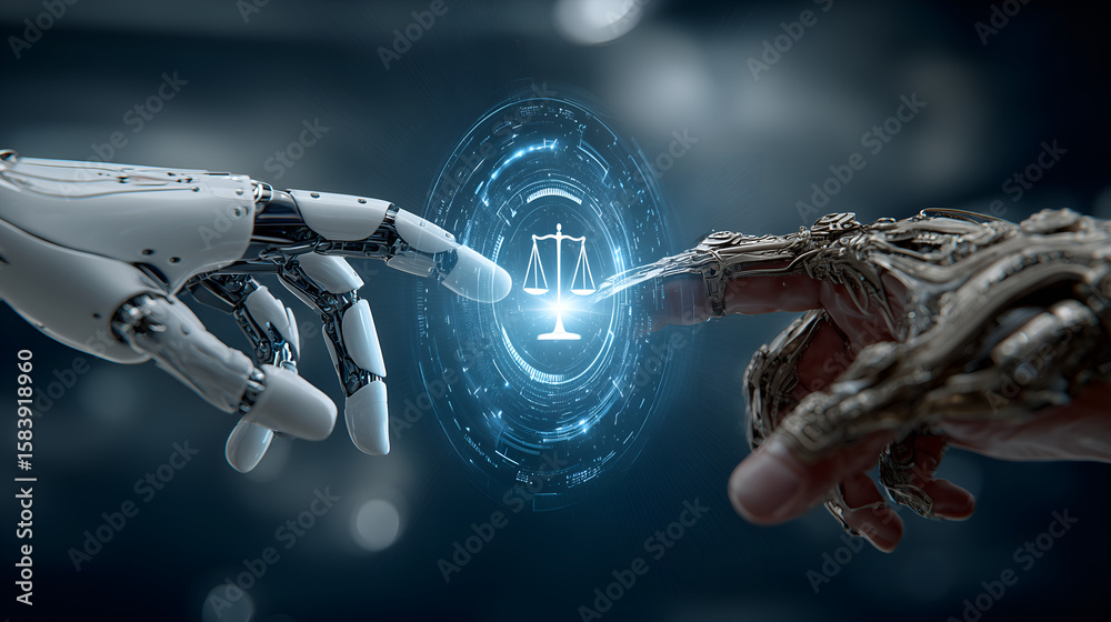 AI Justice: Human and robot hand meet over scales of justice ...