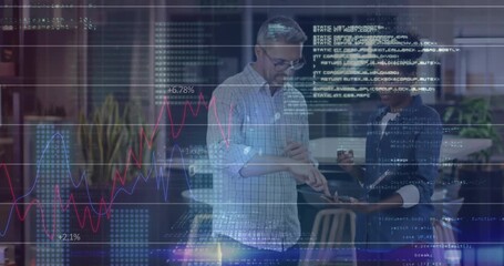 Poster - Scrolling tech code overlay causing man tapping tablet and gesturing while woman monitoring charts