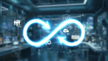 Poster - A robotic hand gestures towards a luminous infinity symbol, surrounded by icons representing finance, technology, and data analysis in a high-tech office setting. Auvana