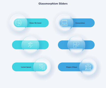 Vector illustration. Glassmorphism sliders design with icons and text placeholder for data visualization webpage layout presentation.