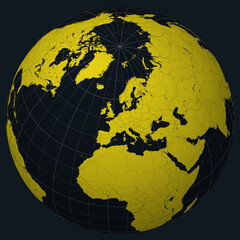 Poster - Luxembourg on Globe. Country view on the world map in Charcoal Bright Yellow color palette. Luxembourg shape on map. Globe with meridians, parallels, countries, rivers and lakes.
