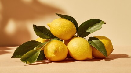 Poster - Warm Golden Light Enhances the Beauty of Fresh Lemons Piled Delicately With Green Leaves