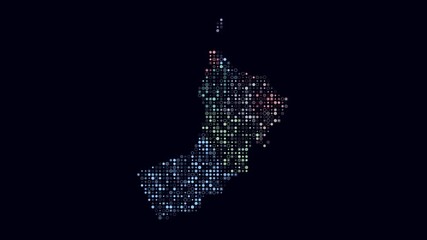 Poster - Oman dotted animation. Shape of the country build of pulsating colored dots. Small size circle blocks. Digital style map on dark background. Beautiful video.