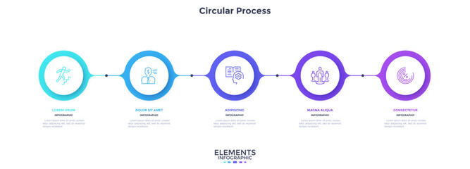 Informative circular process infographic chart for business startup demonstration. Infochart with thin line icons. Instructional graphics with 5 steps sequence design for web pages