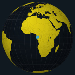 Poster - Gabon on Globe. Country view on the world map in Charcoal Bright Yellow color palette. Gabon shape on map. Globe with meridians, parallels, countries, rivers and lakes. Neat vector illustration.