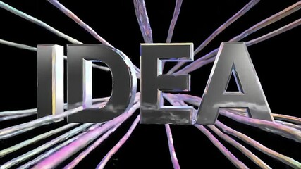 Poster - Metallic word IDEA repeats, radiating light streaks, culminating in a glowing bulb, symbolizing idea generation, innovation, and creative process