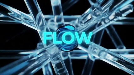 Poster - Abstract animation, translucent blue tubes, rotating, word FLOW, dynamic motion, symbolizes fluidity, energy, connectivity, constant change, and technological advancement