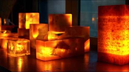 Poster - A composition of glowing orange cubes and rectangles made of amber or similar material placed on a wooden surface in a room with a window