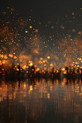 Poster - gold bokeh lights and fireworks banner on black background