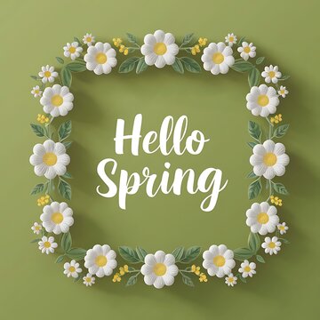 3D Floral Frame with 'Hello Spring' Text on Green Background – Spring Festival Design