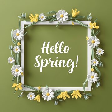 3D Floral Frame with 'Hello Spring' Text on Green Background – Spring Festival Design