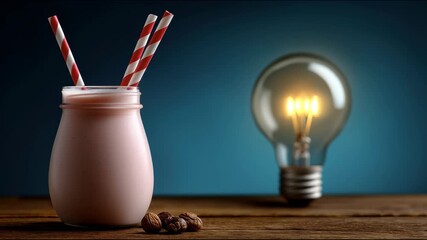 Poster - Composition with pink milkshake jar decorated with red and white striped straws next to nuts on wooden surface with burning light bulb in background