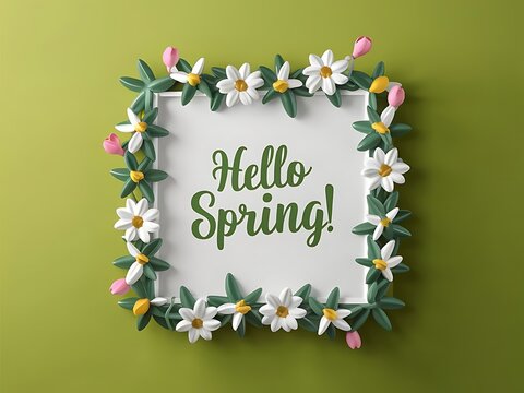3D Floral Frame with 'Hello Spring' Text on Green Background – Spring Festival Design