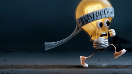 Poster - Animated light bulb character with surprised expression running with headband and sneakers against dark landscape background