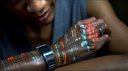 Poster - Human hand with futuristic digital projections and smartwatch on wrist emitting multi-colored light lines and data